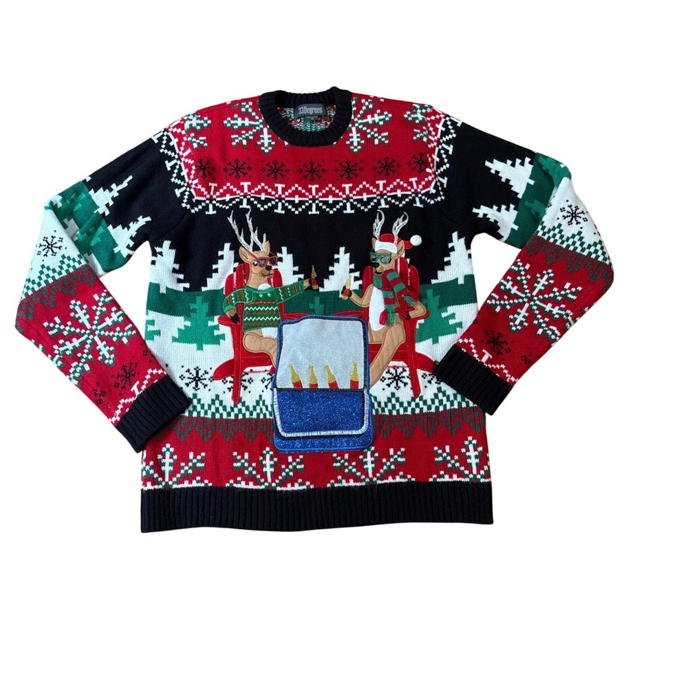 33 Degrees Sweater Mens Red‎ Ugly Christmas Reindeer Cooler Graphic SIZE M
